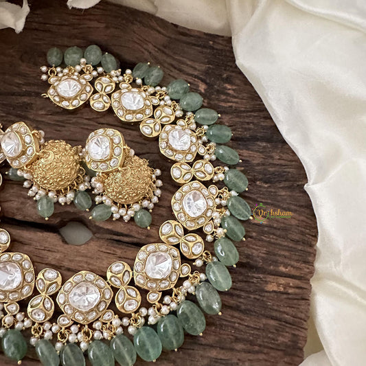 Stylish White Jadau Kundan Choker-Aqua Green Bead-J2403