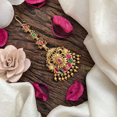 Vriksham Chandrika Pushpam Maang Tikka-Red Green-Gold Bead-G19433