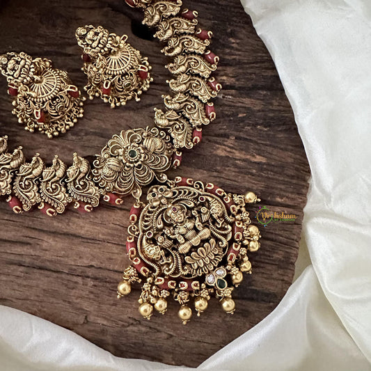 Temple Lakshmi Neckpiece-Coral-Gold Bead-G14757