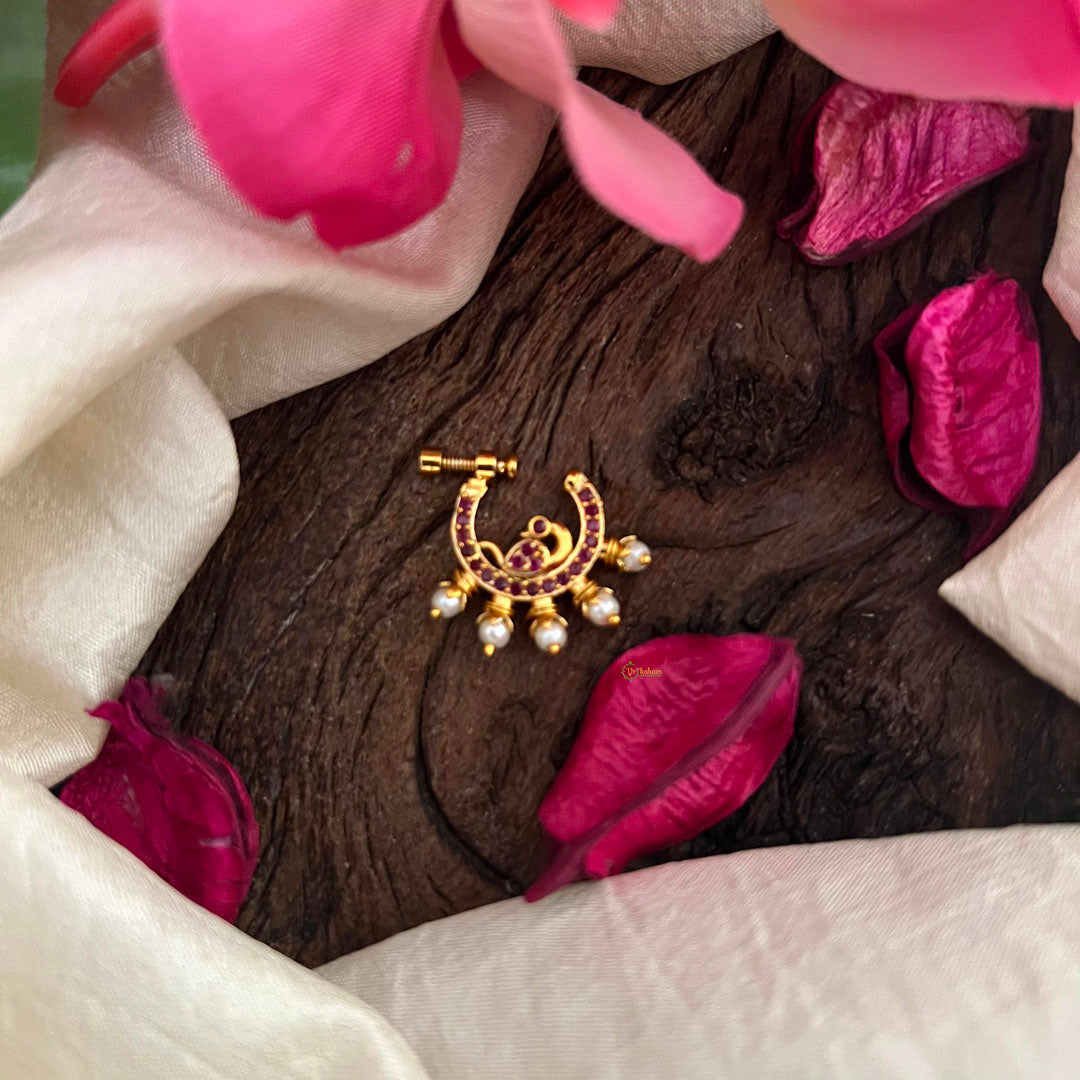 Peacock Red AD Stone Nath / Nose pin-Pearl-G13888