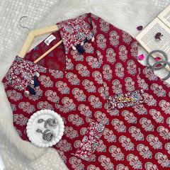 Vriksham Maroon Ajrakh Hand-Block Print Kurta With Cowrie Shell & Tassel Detail 3 Piece Suit Set-VS5085