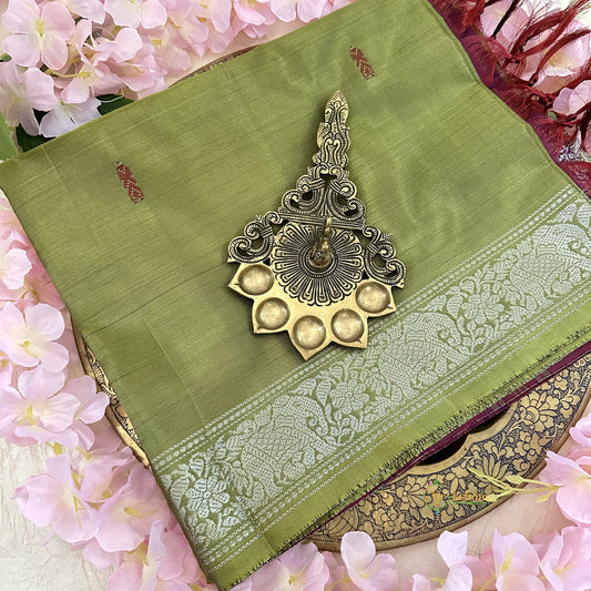 Light Olive Chinnalampattu Saree with Silver Hathi Border -Vegan Silk-VS3665