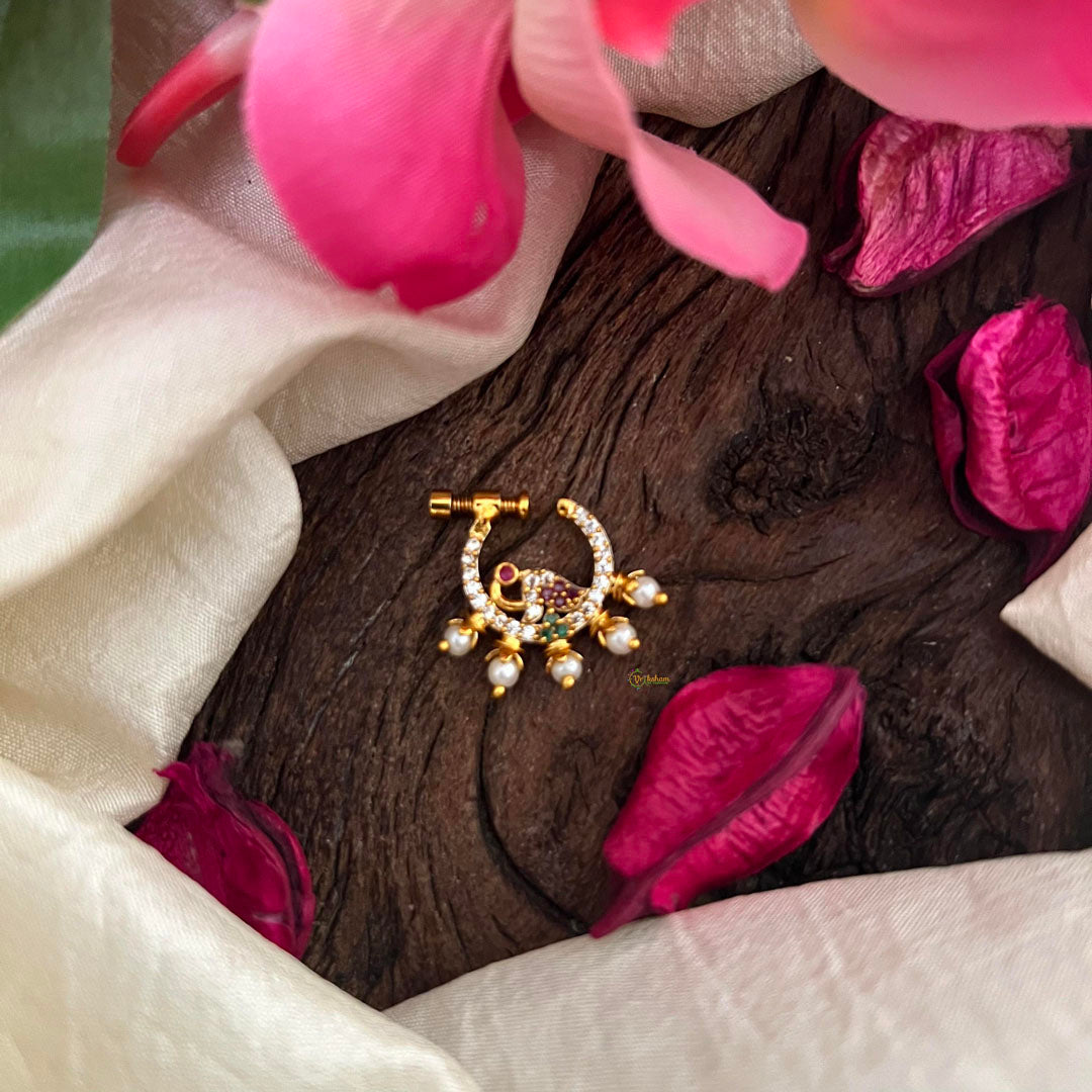 Peacock Red Green White AD Stone Nath / Nose pin-Pearl-G13890