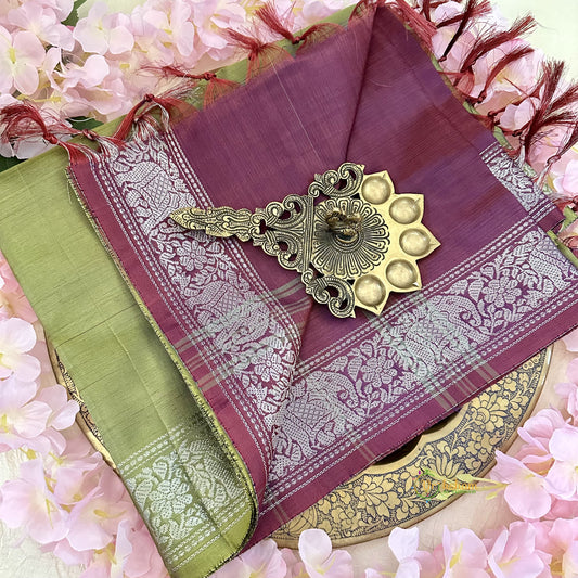 Light Olive Chinnalampattu Saree with Silver Hathi Border -Vegan Silk-VS3665