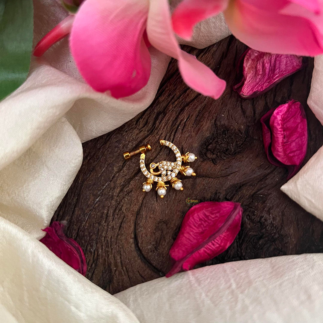 Peacock White AD Stone Nath / Nose pin-Pearl-G13885