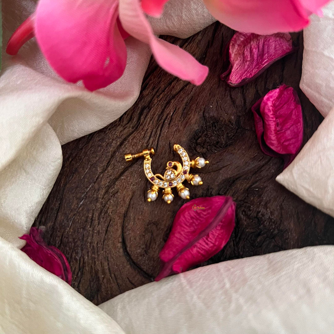 Peacock Red White AD Stone Nath / Nose pin-Pearl-G13887