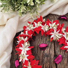 Vriksham Elegant Red Serenity & Mini White Flower Gajra With Pearl Buds Flower Accessories-H1164