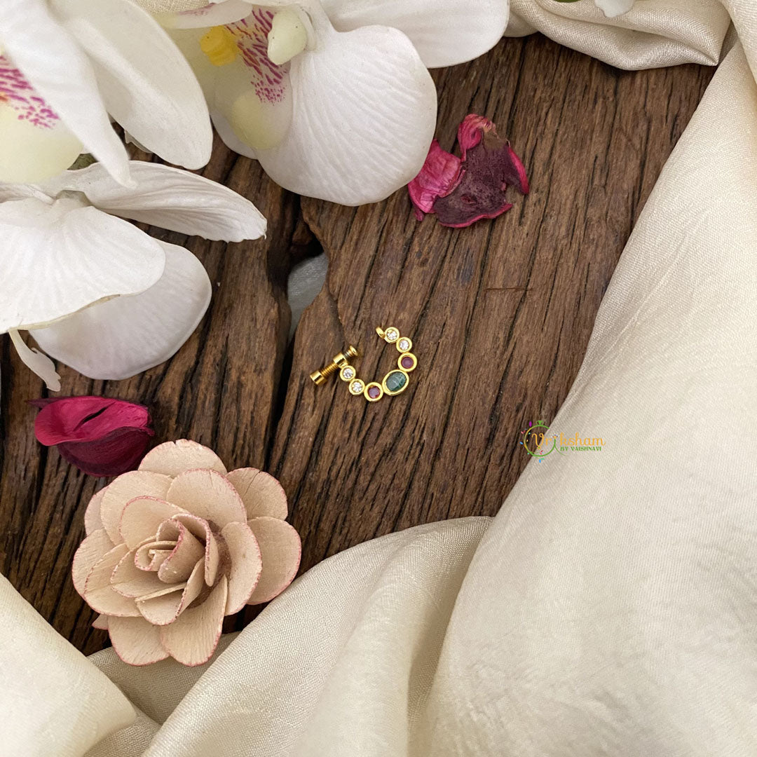 Vriksham Unique Golden Naths/Nose pin-Bird-Red White & Green-G17483