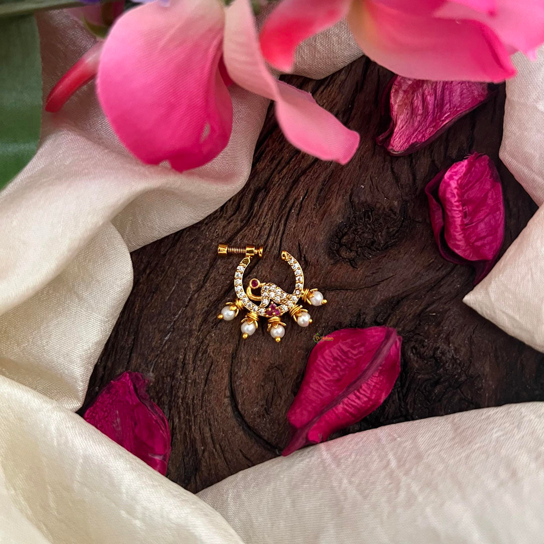 Peacock Red White AD Stone Nath / Nose pin-Pearl-G13889