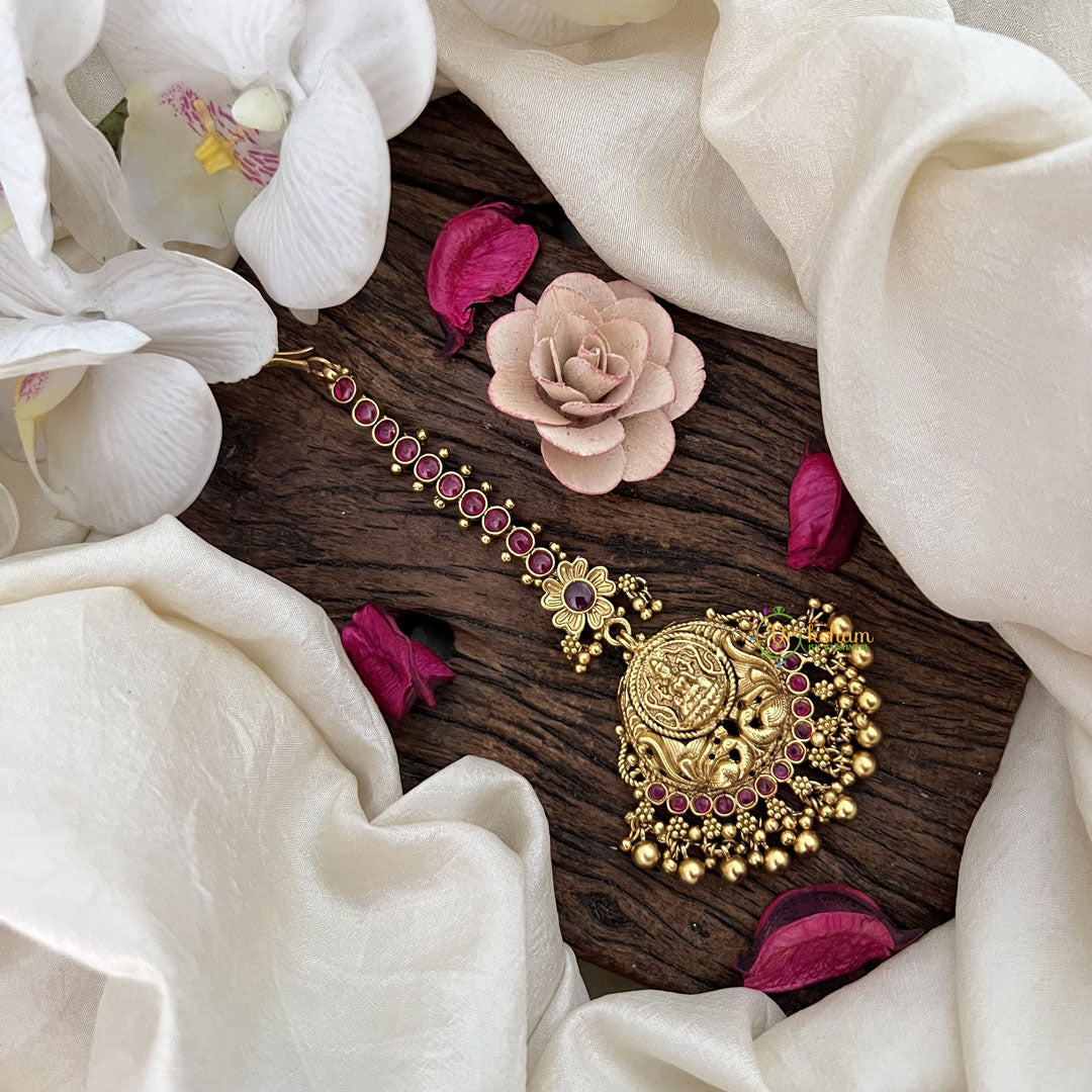 Vriksham Lakshmi & Peacock Golden Style Maang Tikka-Red-Gold Bead-G19439