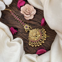 Vriksham Lakshmi & Peacock Golden Style Maang Tikka-Red-Gold Bead-G19439