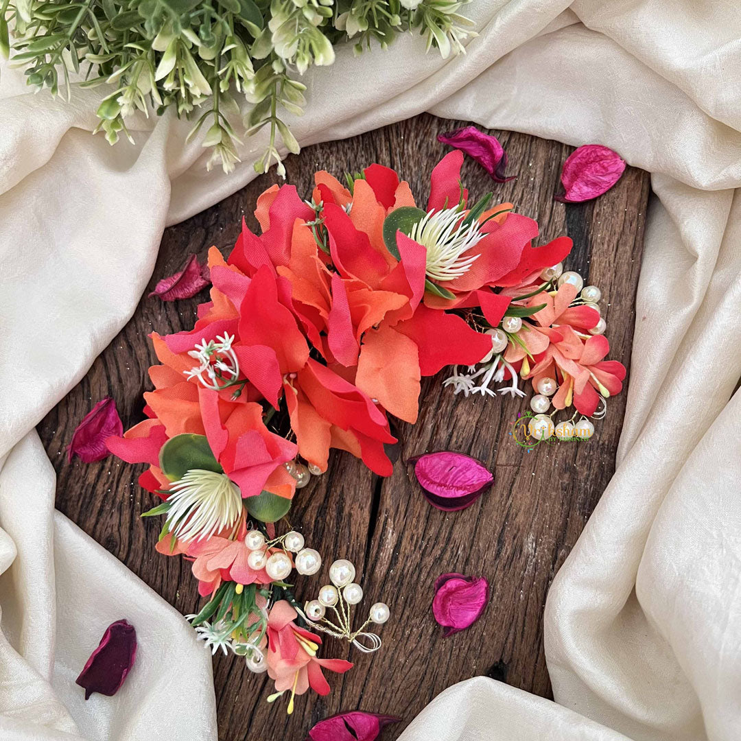 Vriksham Orange  Blossom Floral With  Beads & Pearls Veni Gajra Flower Accessories-H1181
