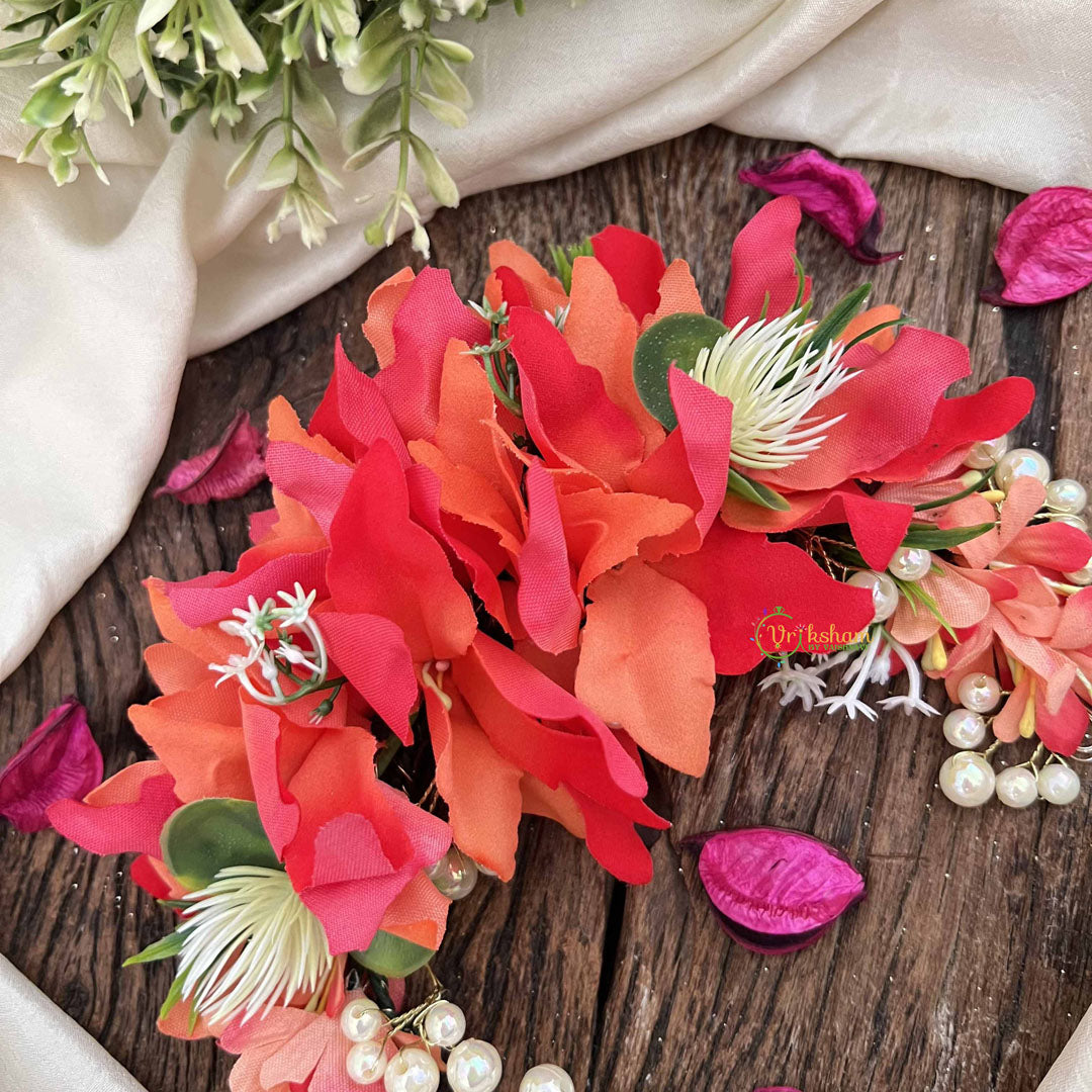 Vriksham Orange  Blossom Floral With  Beads & Pearls Veni Gajra Flower Accessories-H1181