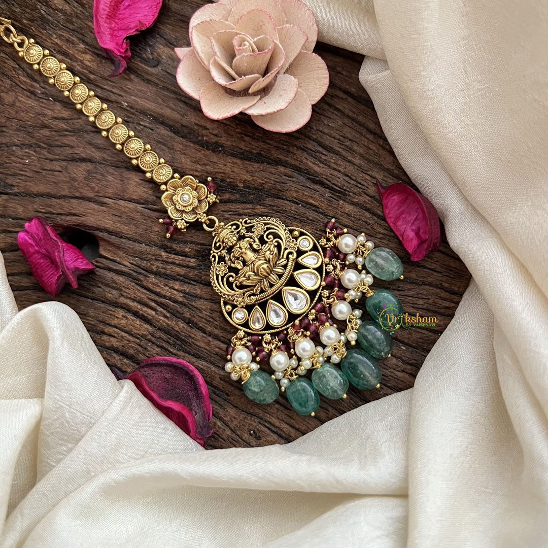 Vriksham Half Moon & Goddess Lakshmi Tikka-Aqua Green Bead-G19460