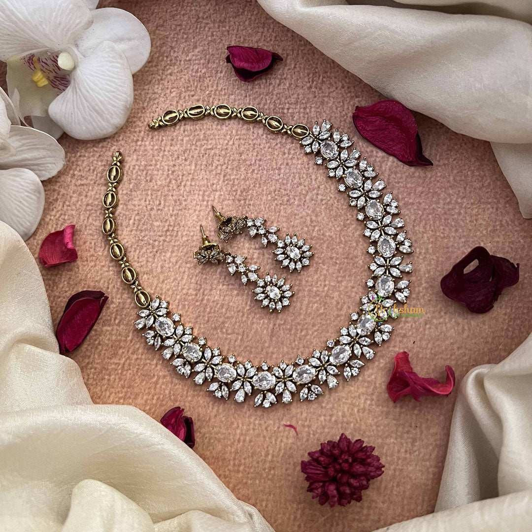 Vriksham Classic Floral Style AD Stone Short Neckpiece-White-G21068