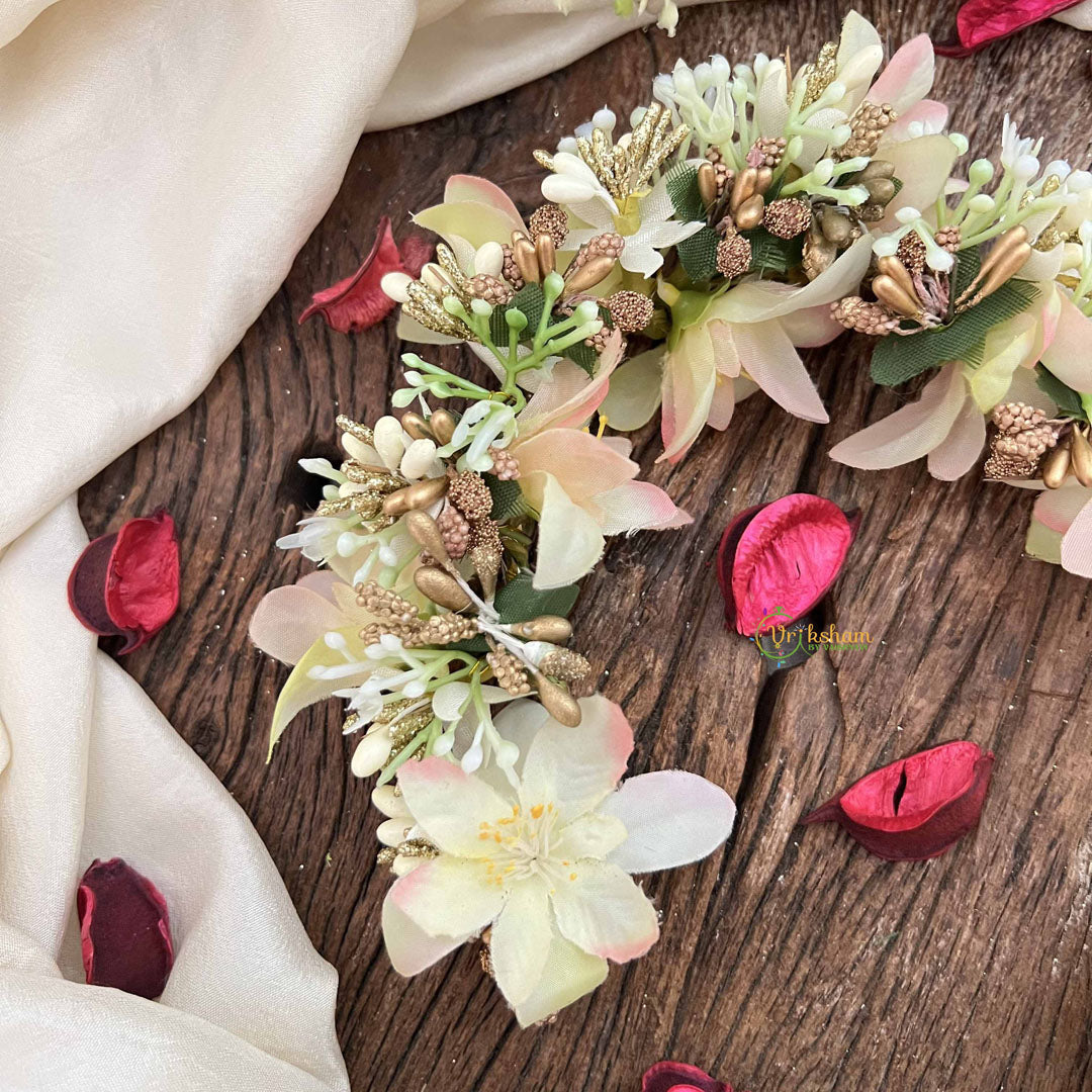 Vriksham White & Yellow Shade Floral With  Beads Veni Gajra Flower Accessories-H1176