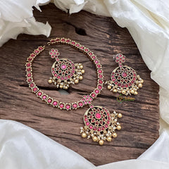 Precious Red AD Stone Neckpiece-Pearls-Gold Bead-G14360