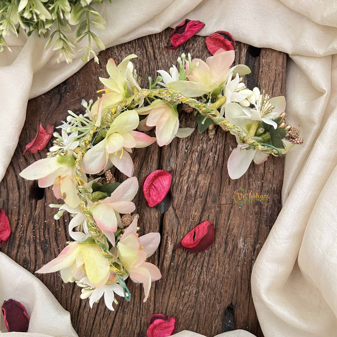 Vriksham White & Yellow Shade Floral With  Beads Veni Gajra Flower Accessories-H1176