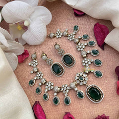 Vriksham Victorian Oval Emerald Look Style Short Neckpiece-White Green-VV2004