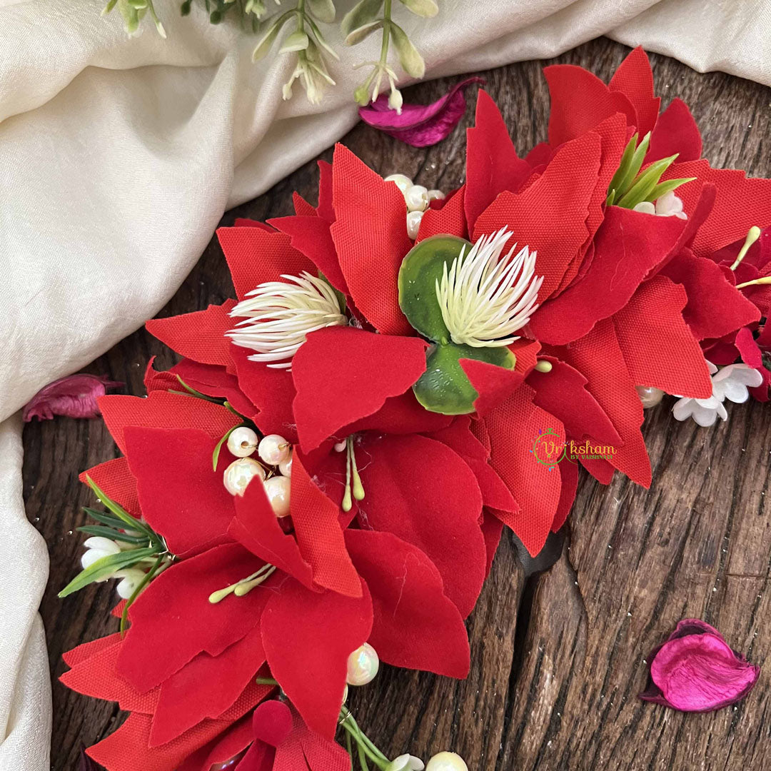 Vriksham Ruby Red Blossom Floral With  Beads & Pearls Veni Gajra Flower Accessories-H1180