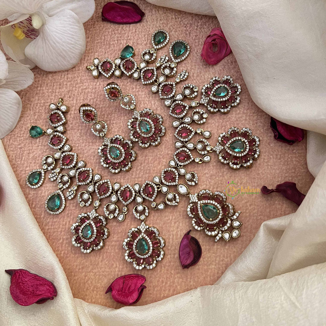 Vriksham Bridal Floral Elegant Look Style Short Neckpiece-White Green & Red-VV2003