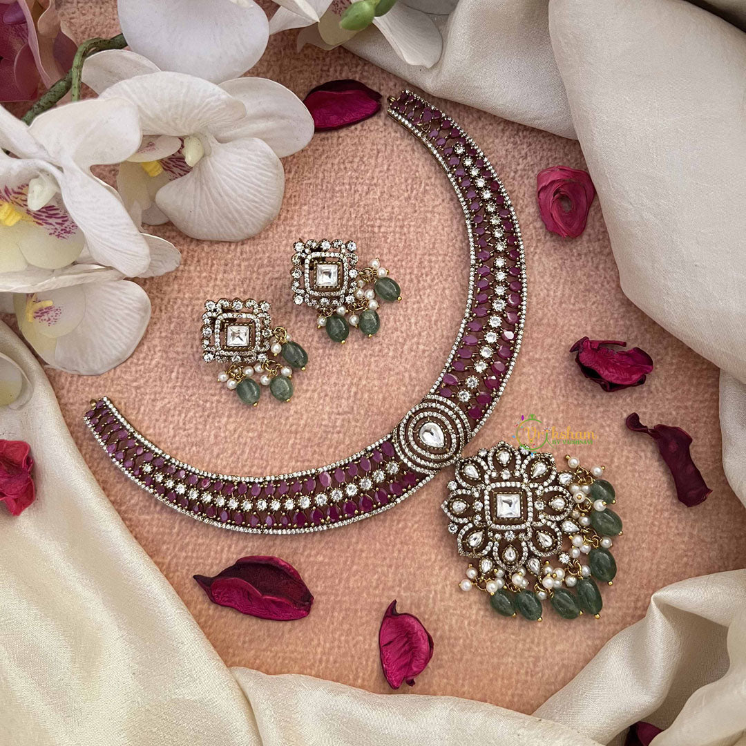 Vriksham Elegant Pink Floral Style AD Stone Hasli Choker-Green Bead & Pearls-G21071