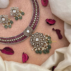 Vriksham Elegant Pink Floral Style AD Stone Hasli Choker-Green Bead & Pearls-G21071