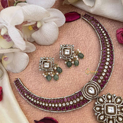 Vriksham Elegant Pink Floral Style AD Stone Hasli Choker-Green Bead & Pearls-G21071