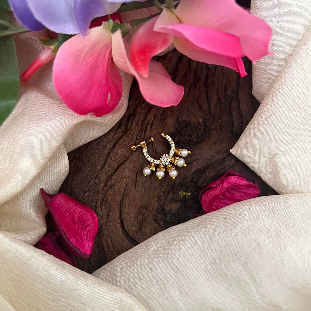 Premium White Floral AD Stone Nath / Nose pin-Pearl-G13862