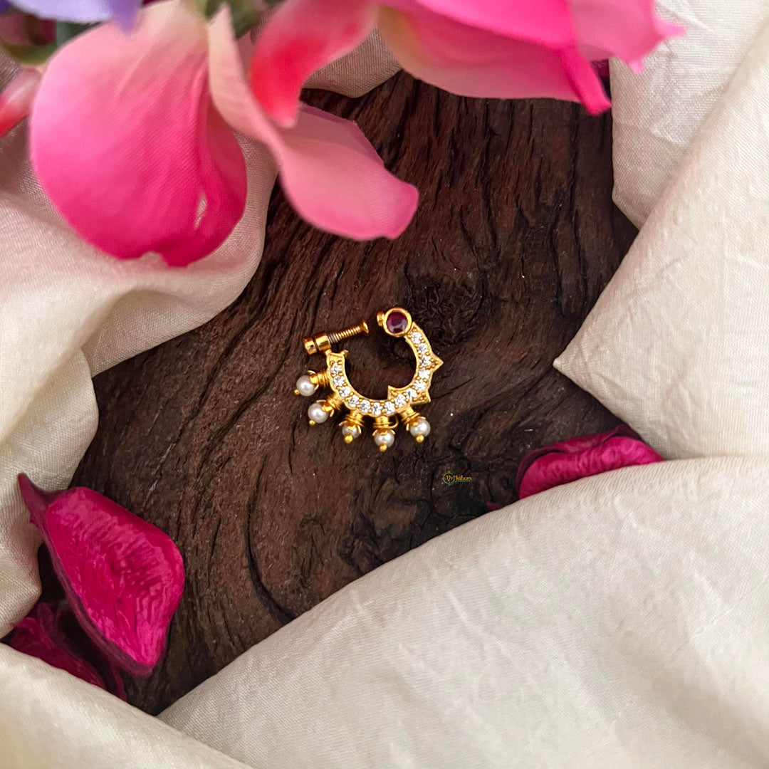 Gold Alike AD Stone Nath / Nose pin-Red White-Pearl-G13902
