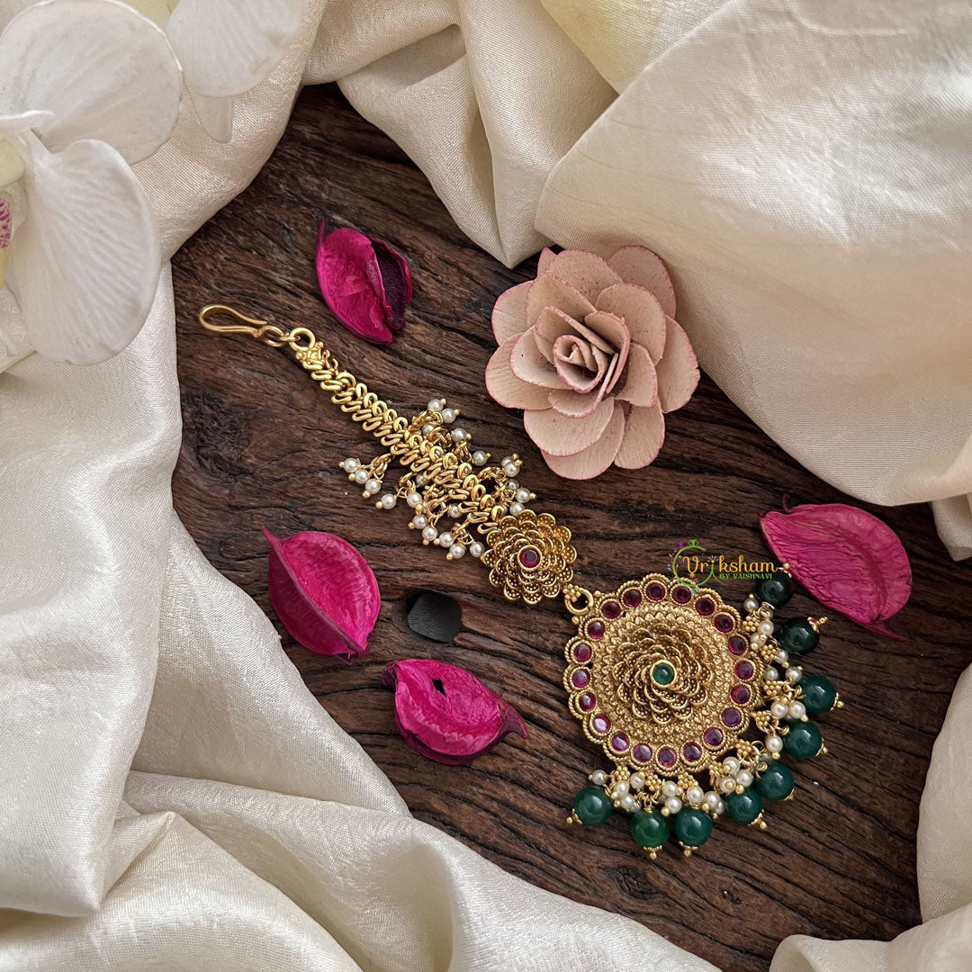 Vriksham Floral Radiance Gold Maang Tikka-Red-Green Bead-G19466