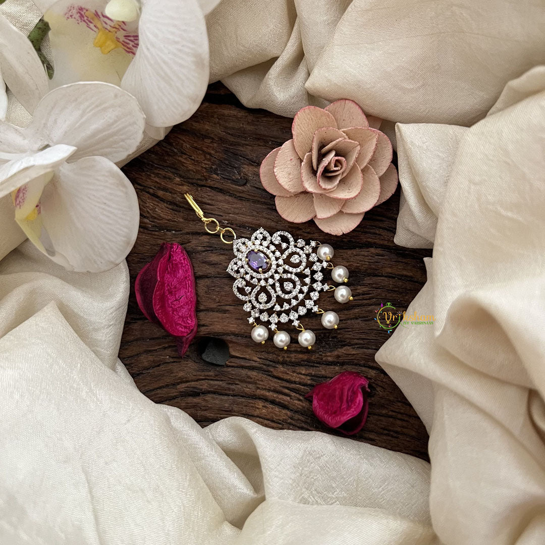 Vriksham Floral Twilight Spark AD Stone Maang Tikka-Purple-Pearl-G19494