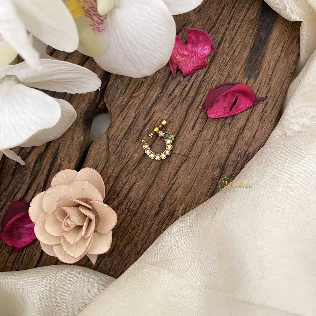 Vriksham Unique Floral Golden Naths/Nose pin-Bird-White Green-G17475