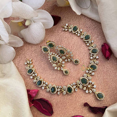 Vriksham Pear Drop Style AD Stone Short Neckpiece-Green-G21074