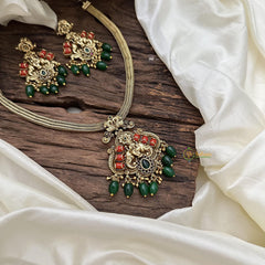 Gold Look Alike Lakshmi Addigai-Coral-Green Bead-G14753