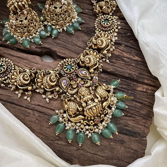 Premium Lakshmi Peacock Neckpiece-Pearl-Green Bead-G14718