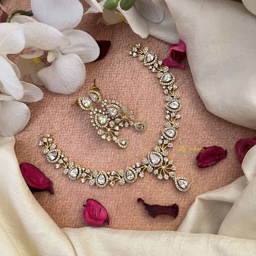 Vriksham Pear Drop Style AD Stone Short Neckpiece-White-G21072