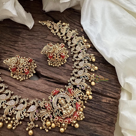 Elegant AD Stone Lakshmi Neckpiece-Coral-Gold Bead-G14704