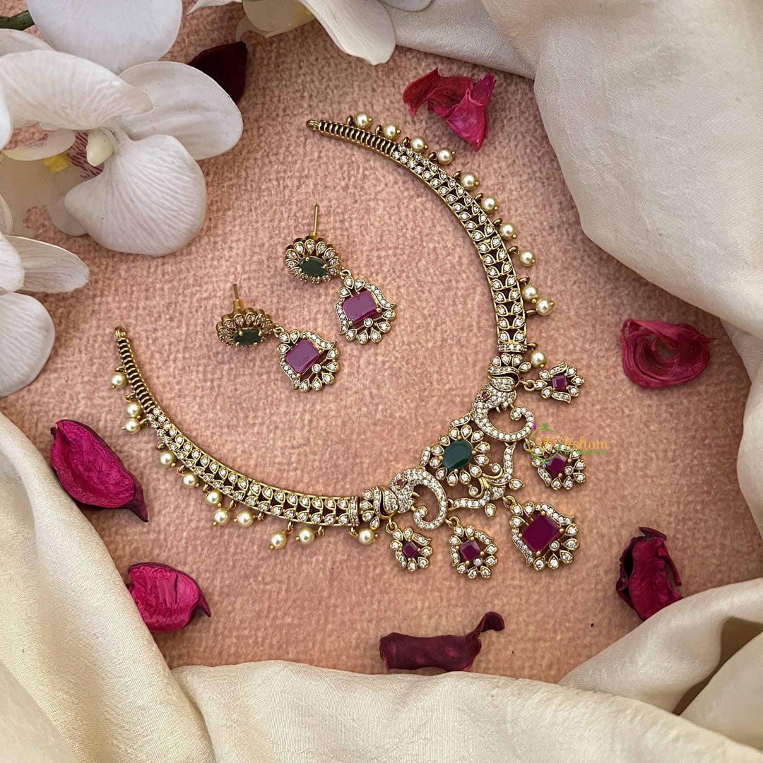 Vriksham Unique Elephant Style AD Stone Hasli Choker-White Red & Green-Pearls-G21070