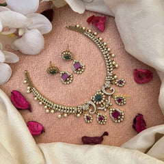 Vriksham Unique Elephant Style AD Stone Hasli Choker-White Red & Green-Pearls-G21070