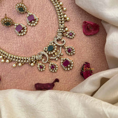 Vriksham Unique Elephant Style AD Stone Hasli Choker-White Red & Green-Pearls-G21070