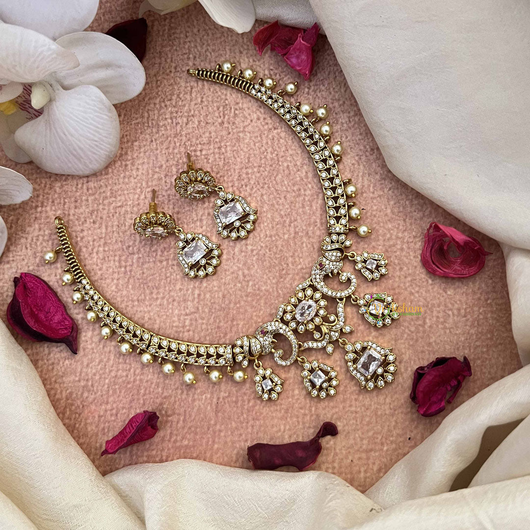 Vriksham Unique Elephant Style AD Stone Hasli Choker-White-Pearls-G21069