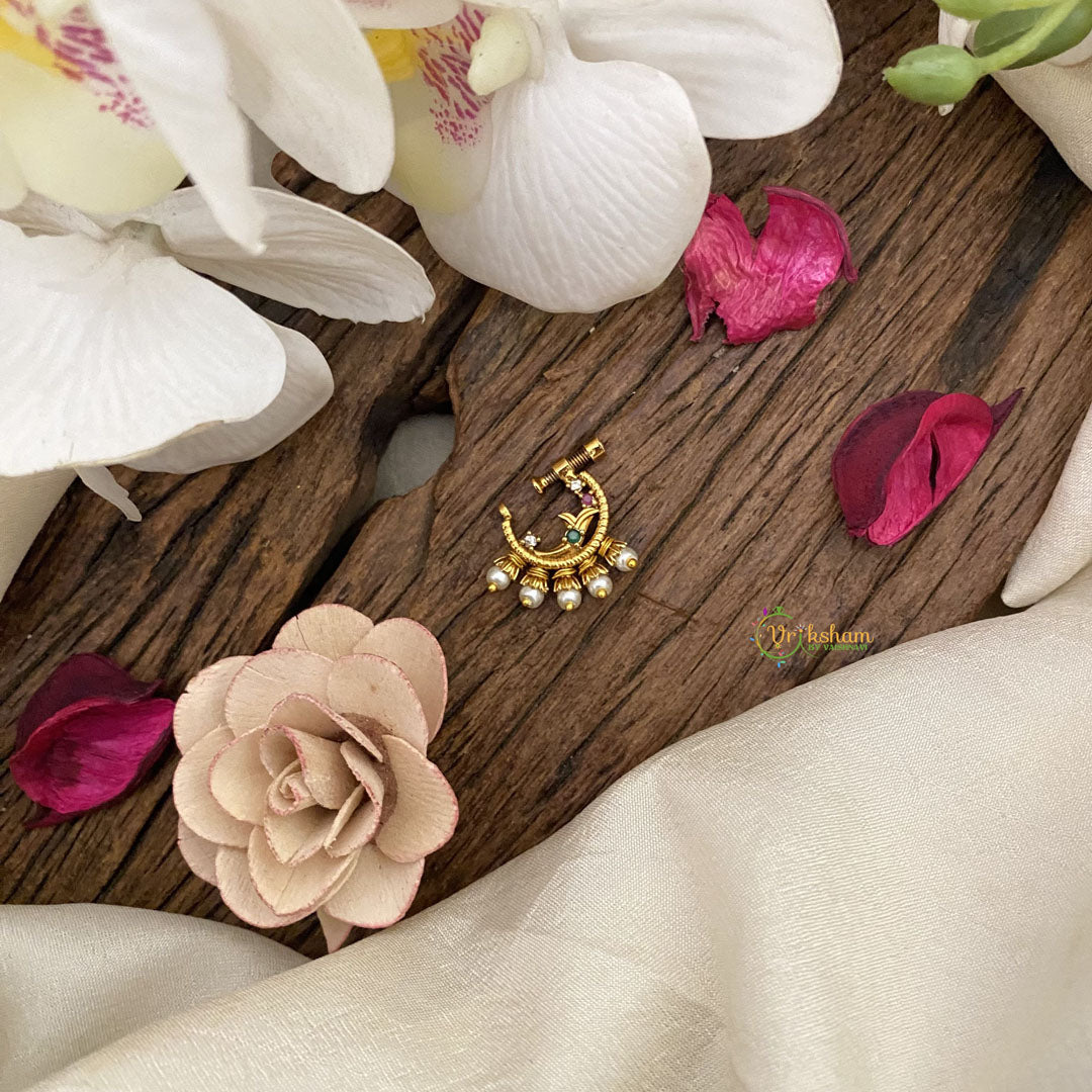 Vriksham Exquisite Golden Naths/Nose pin-Pearl-Red White & Green-G17463