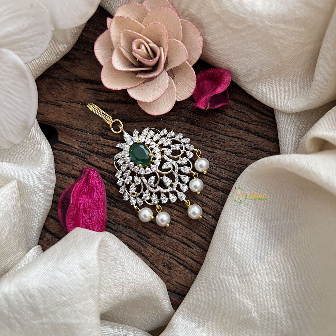 Vriksham  Elegant AD Stone Maang Tikka-Green-Pearl-G19483