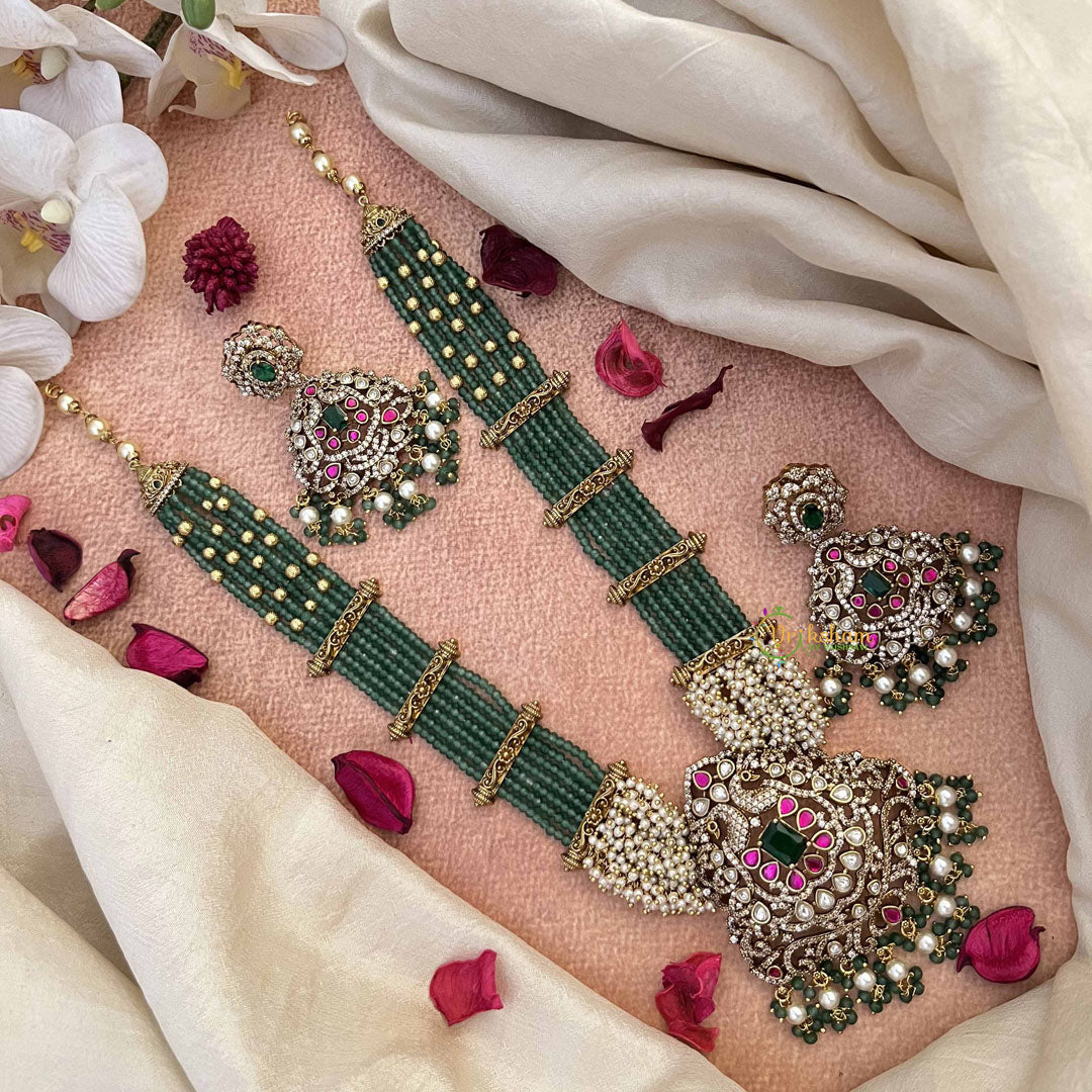 Vriksham Classic Ad Stone Floral Design Pendant Green Beaded Long Neck[piece-G21088