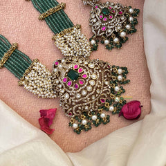 Vriksham Classic Ad Stone Floral Design Pendant Green Beaded Long Neck[piece-G21088