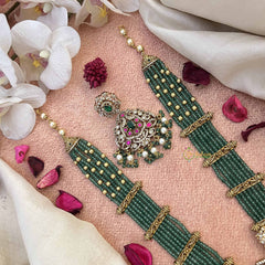 Vriksham Classic Ad Stone Floral Design Pendant Green Beaded Long Neck[piece-G21088