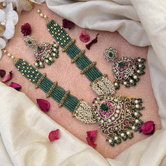 Vriksham Classic Ad Stone Floral Design Pendant Green Beaded Long Neck[piece-G21088