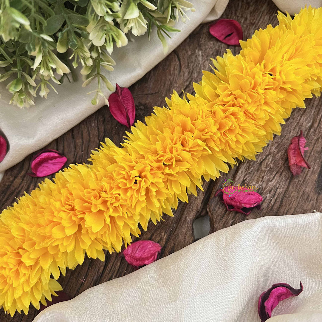 Vriksham Bright Yellow Marigold Style Artificial Gajra With Pearls Coted Flower Accessories-H1182
