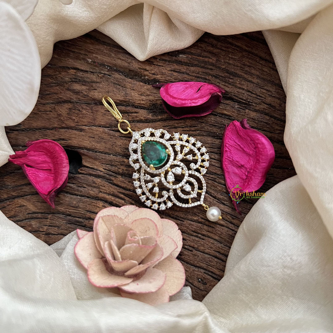 Vriksham Crystal Shine AD Stone Maang Tikka-Green-Pearl-G19487